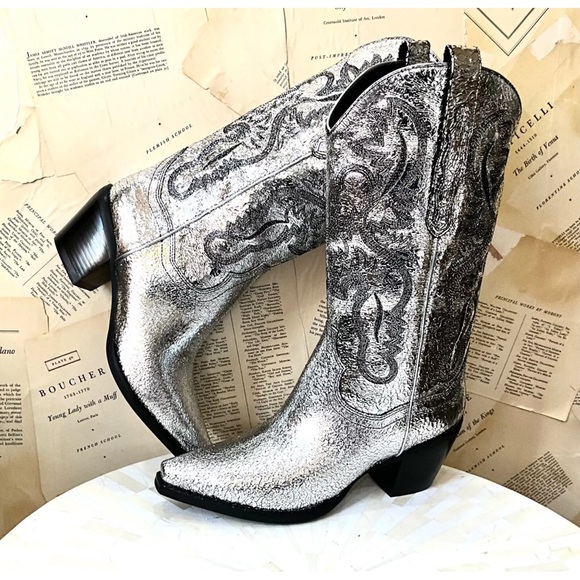 Free People Jeffrey Campbell Dagget Western Boot Silver Crackle Leather - Picture 6 of 10